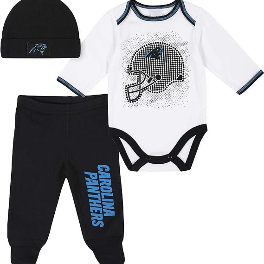NFL Carolina Panthers 3 Pack Bodysuit Footed Pant and Cap Registry Gift Set 0/3M